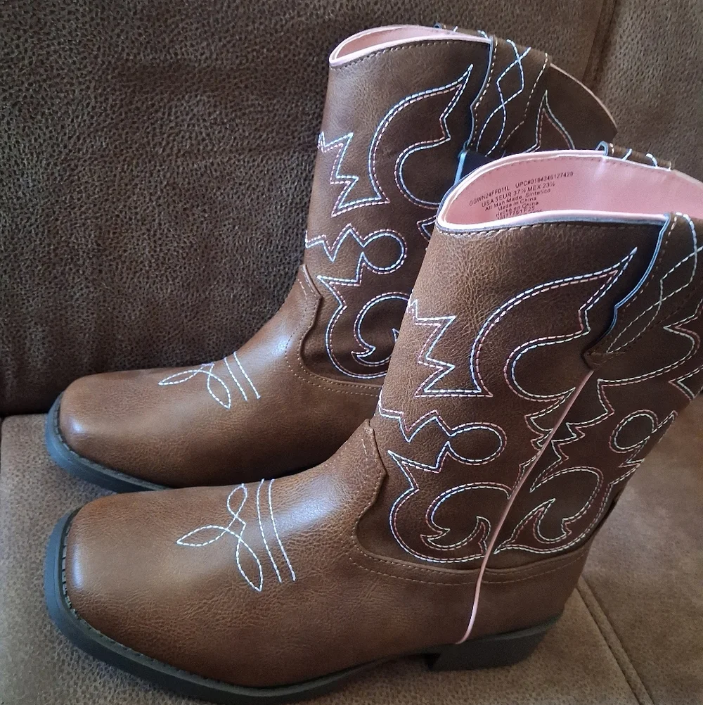 Wonder Nation Classic Brown Western Cowgirl Boots with Pink Trim Girls' Size 3